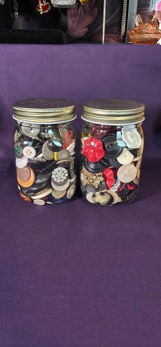 Vintage Button Collection in 2 plastic mason jars some bling